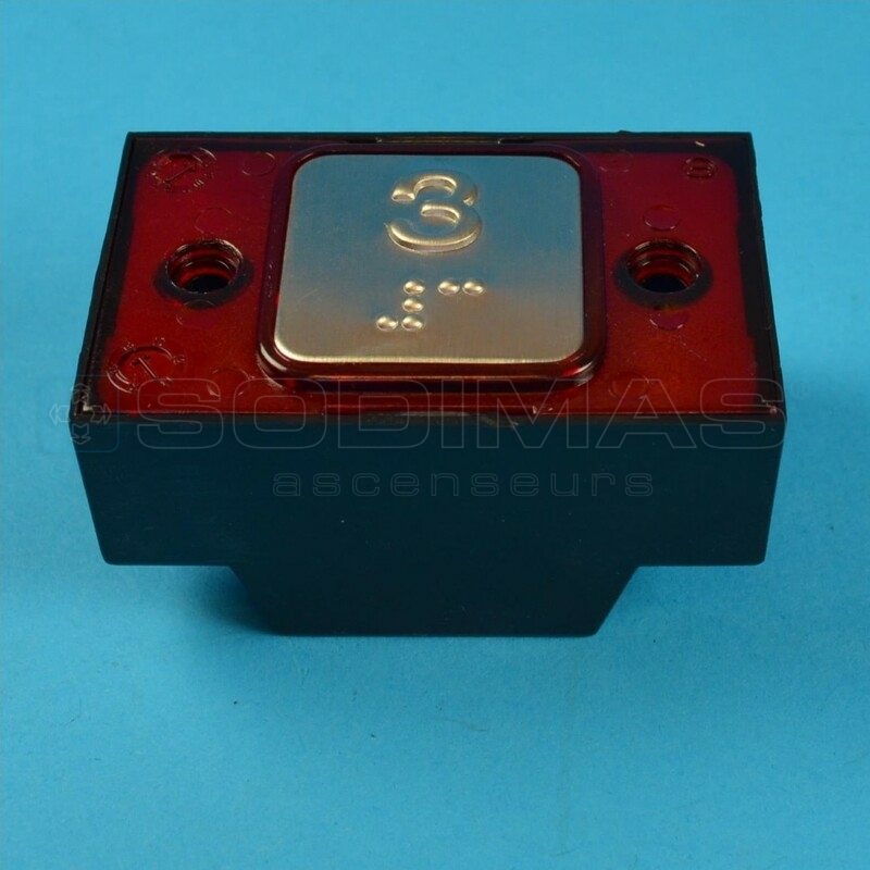 Bouton carré gravé 3 + braille LED rouge 1NO - 24 V