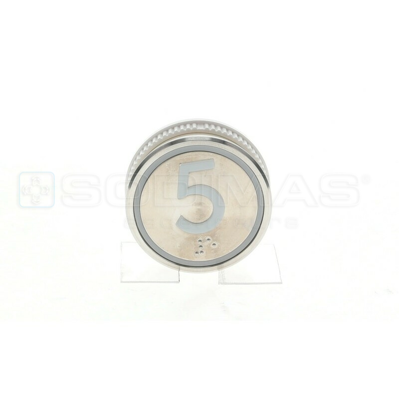 Bouton Cyntra XL gravure 5 + braille - Ø 60 mm LED bleue 24 VCC simplex - 1 contact NO raccordement à vis