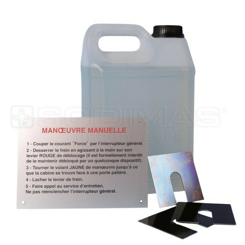 Kit complet comprenant 5 litres d’huile synthétique SY220 haut rendement + 3 cales pelables + 1 plaque de dépannage