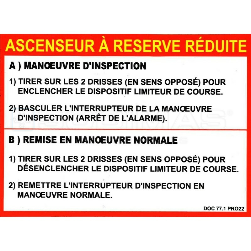 Étiquette ascenseur à réserve réduite
